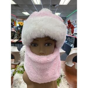 WOMEN PINK WHITE CUTE HAT FURY TEXTURE HOOD FOR WINTER TO KEEP WARM SOFT